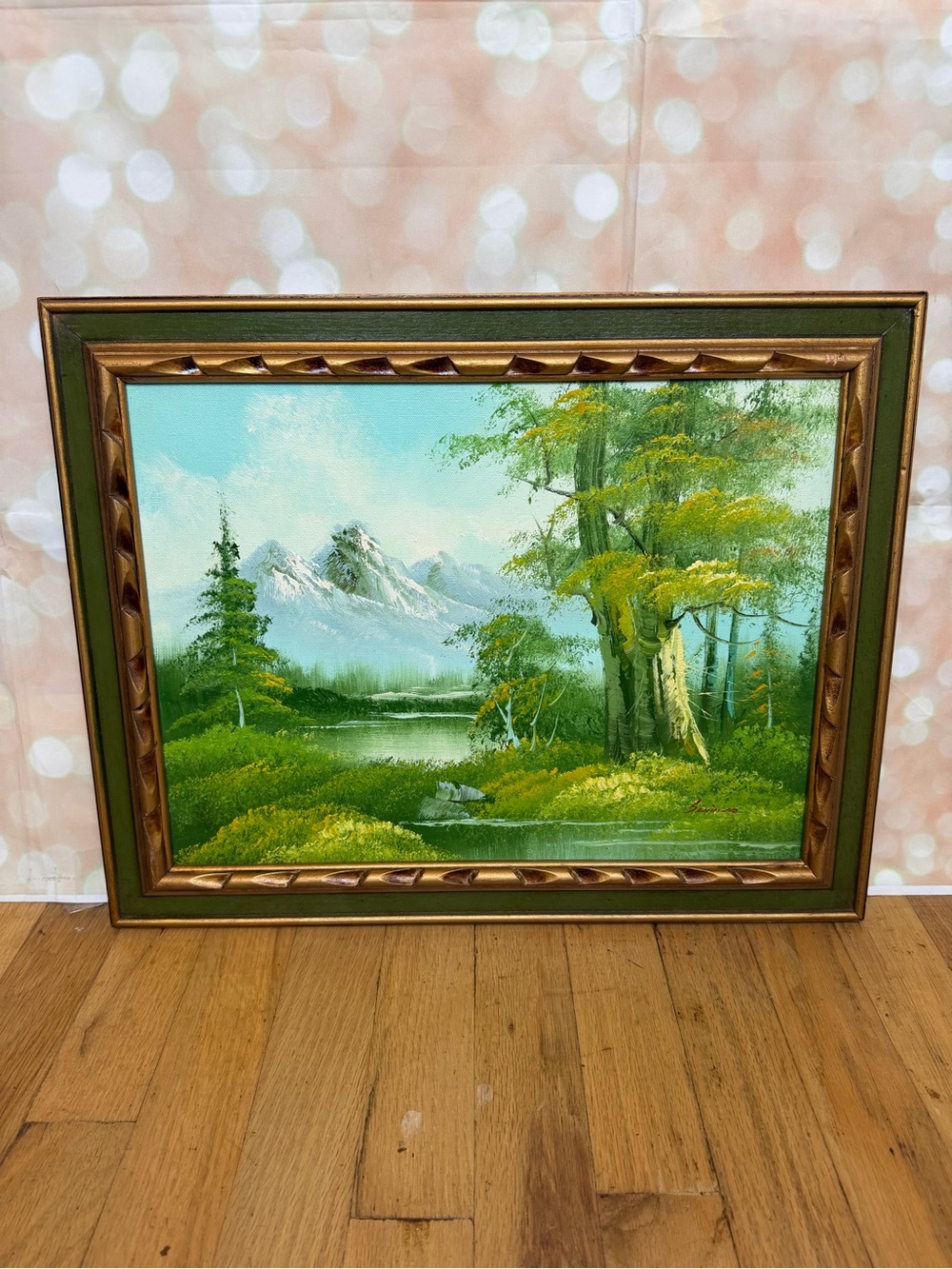 Vintage 1970s Mountain Landscape Oil Painting Framed Green Gold Cottagecore